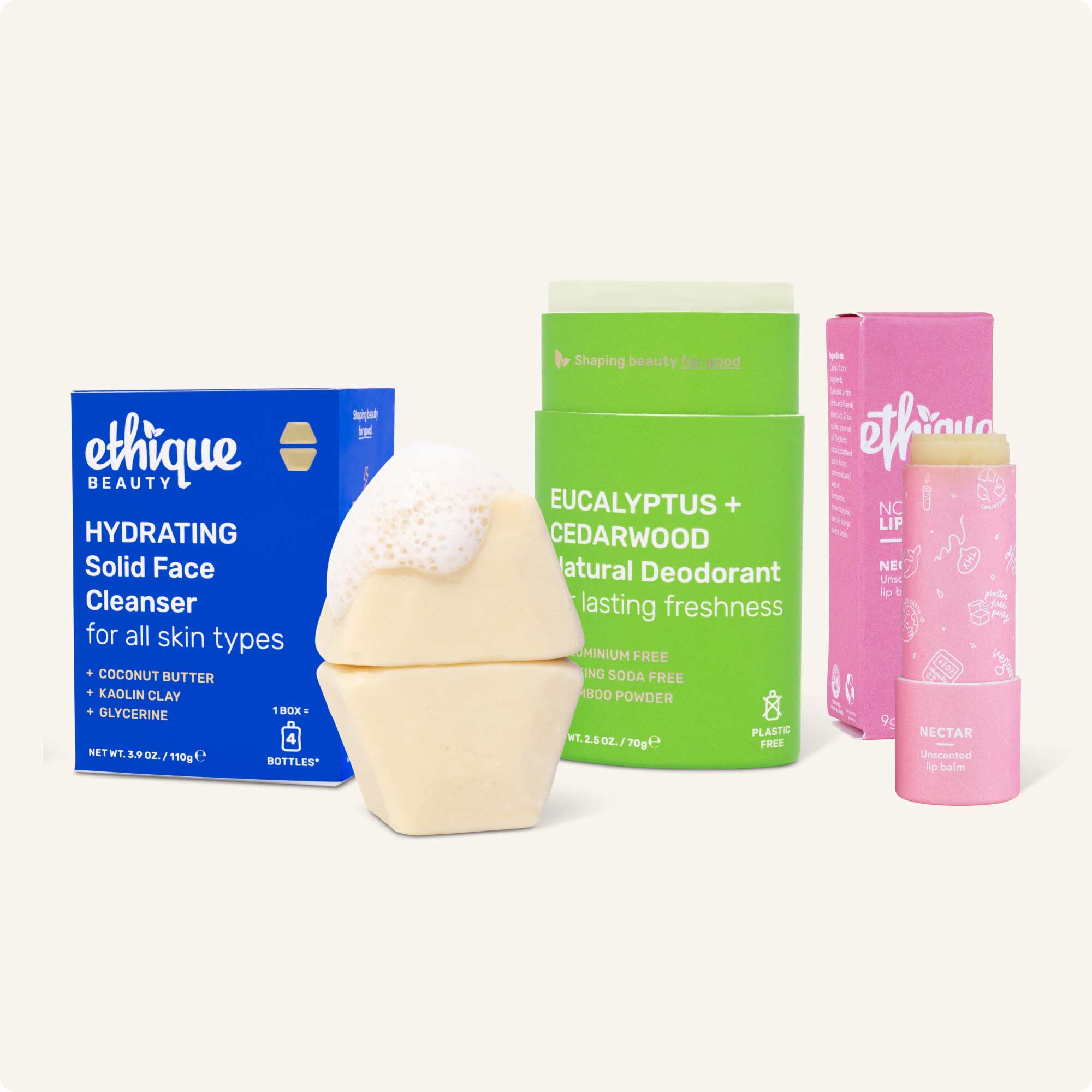 Airport Refresh Bundle - Hydrating Face Cleanser, Eucalyptus and Cedarwood Deodorant, Nectar Lipbalm