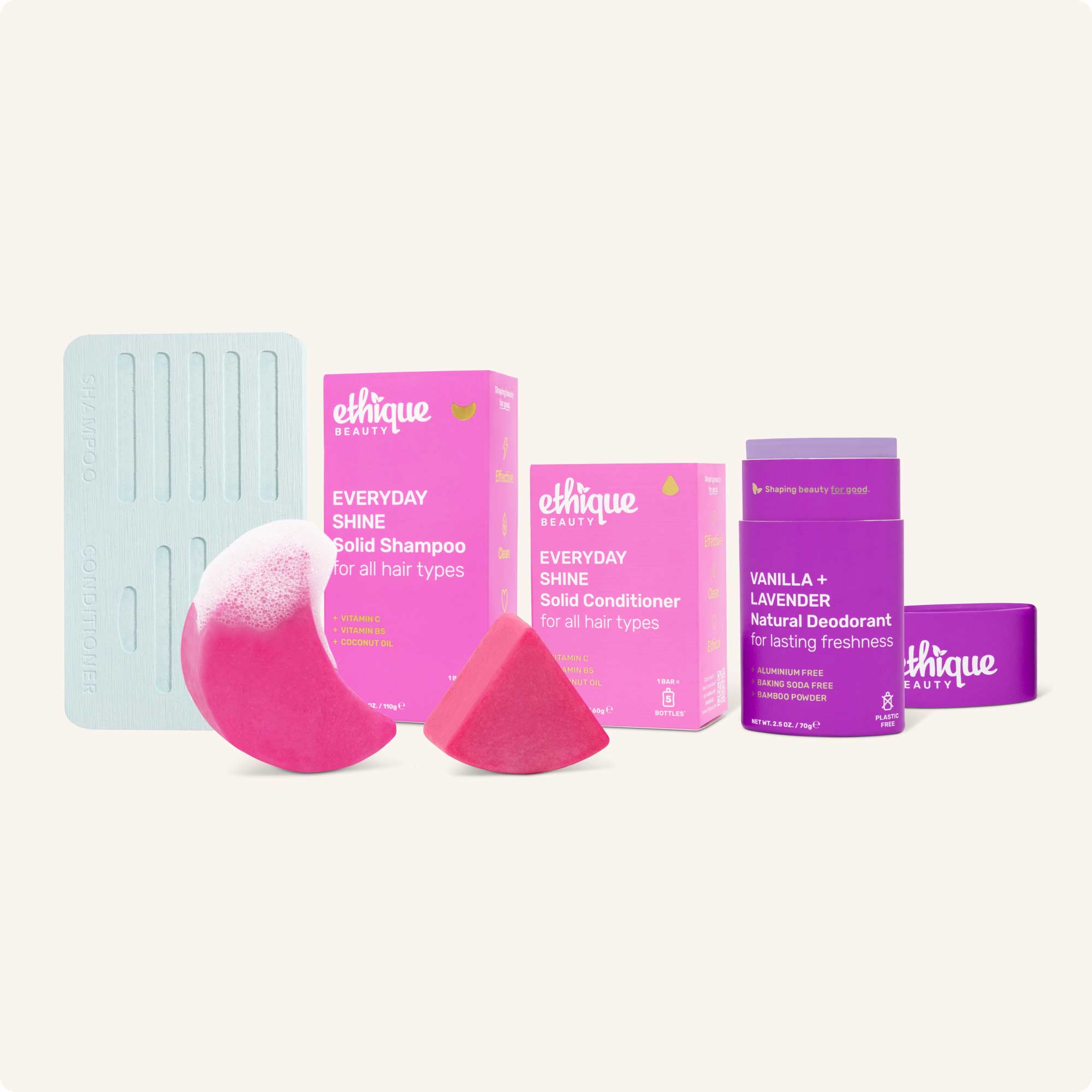 Starter Bundle - storage tray, everyday shine solid shampoo, everyday shine solid conditioner, vanilla and lavender natural deodorant