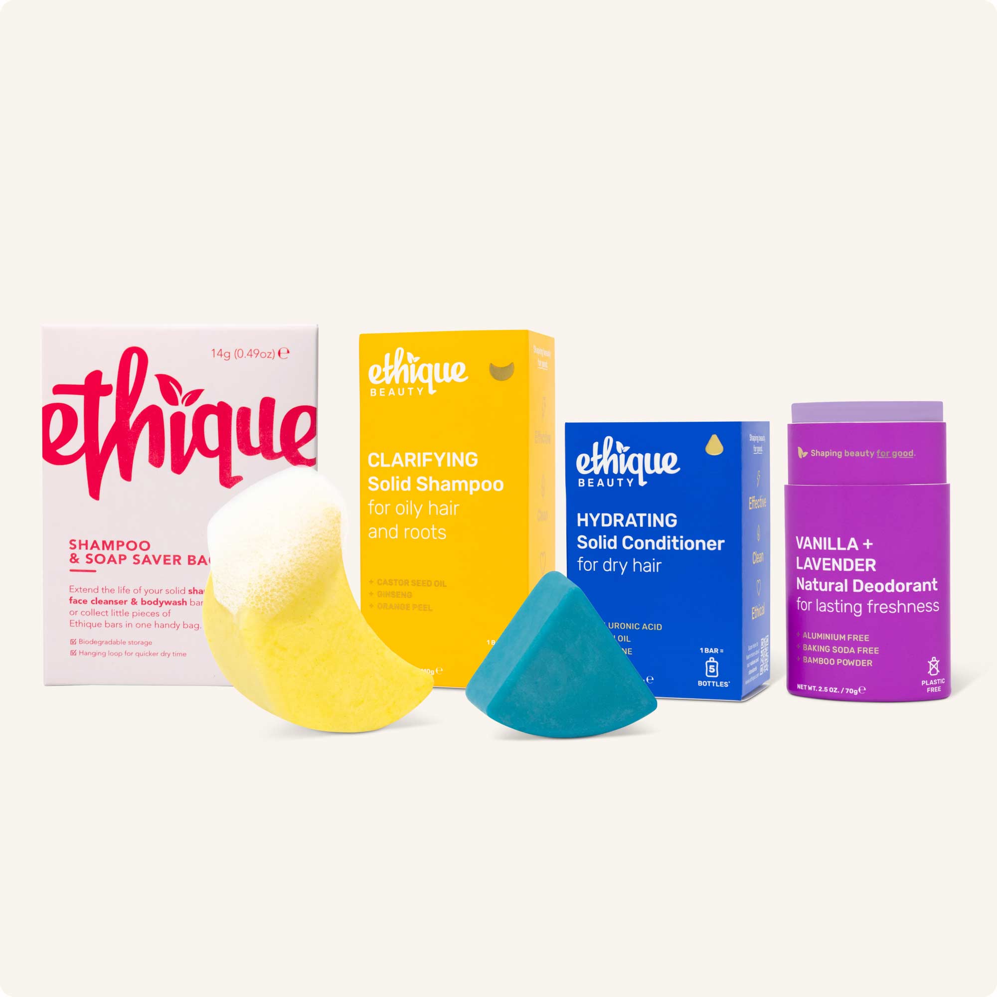 Summer Getaway Bundle - shampoo and soap saver bag, clarifying solid shampoo, hydrating solid conditioner, vanilla and lavender natural deodorant