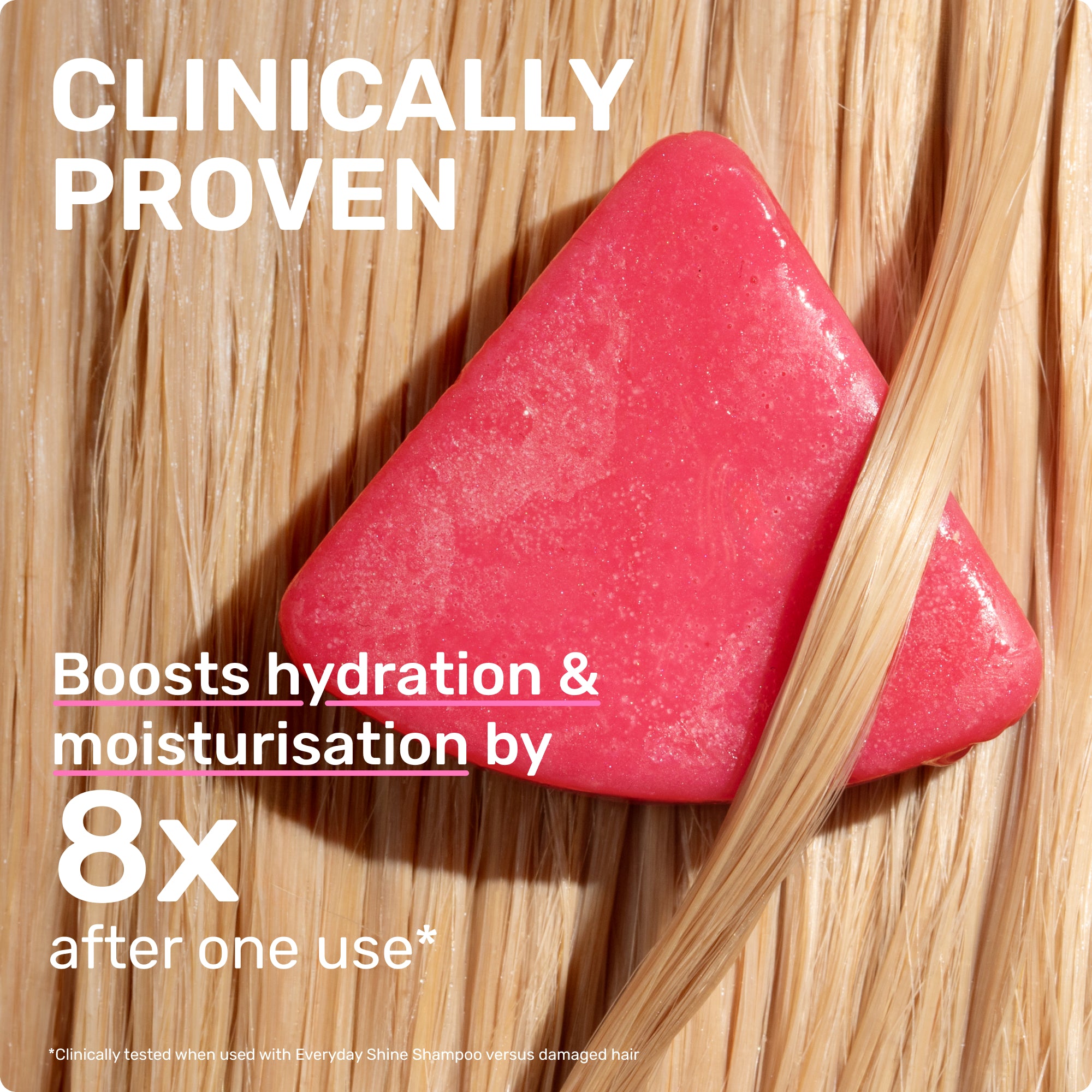 CLINICALLY PROVEN
Boosts hydration and moisturization by 8X after one use*
Clinically tested when used with Everyday Shine Shampoo versus damaged hair