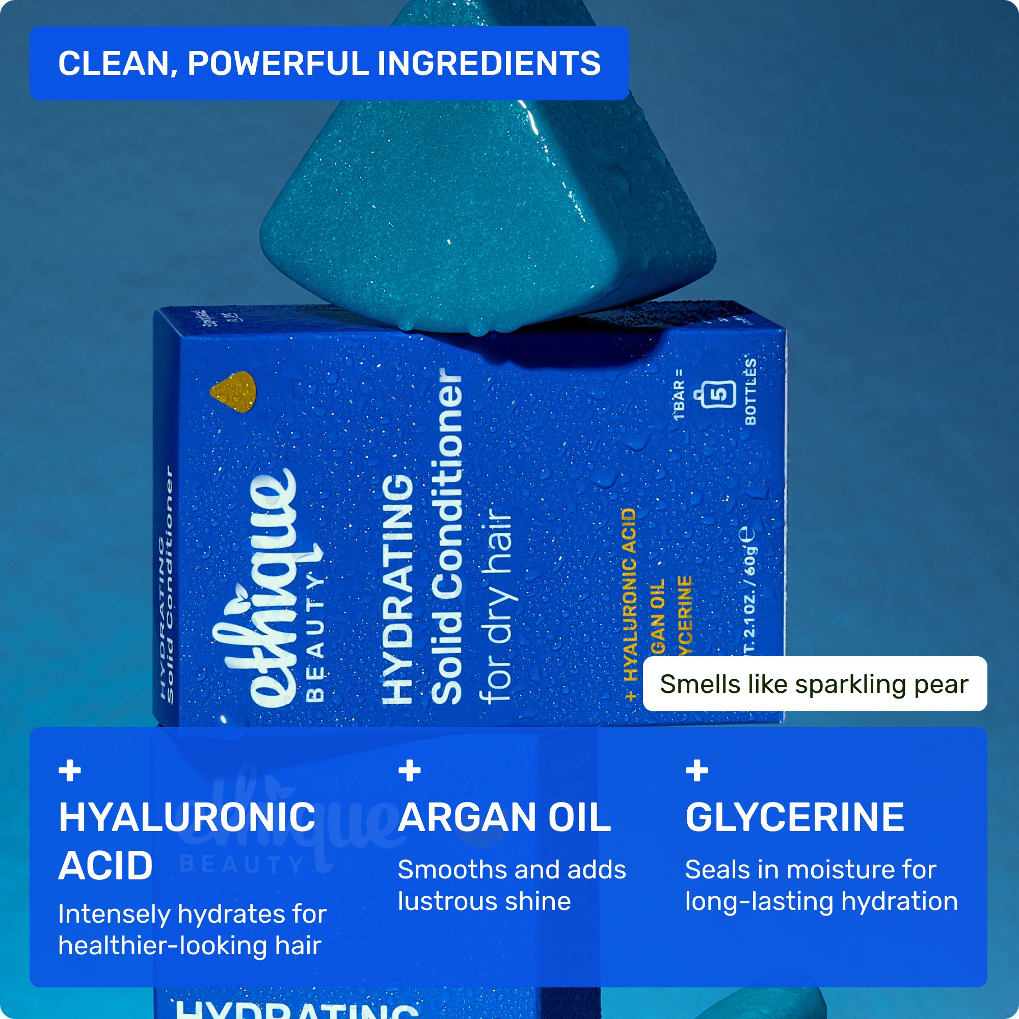 clean, powerful ingredients. hyaluronic acid intensely hydrates for healthier-looking hair. argan oil smooths and adds lustrous shine. glycerine seals in moisture for long lasting hydration. smells like sparkling pear.