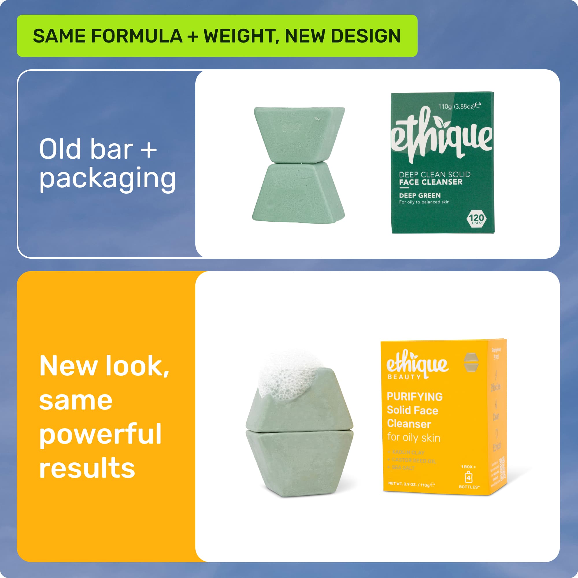 Same formula and weight, new design. Old bar + packaging. New look, same powerful results.