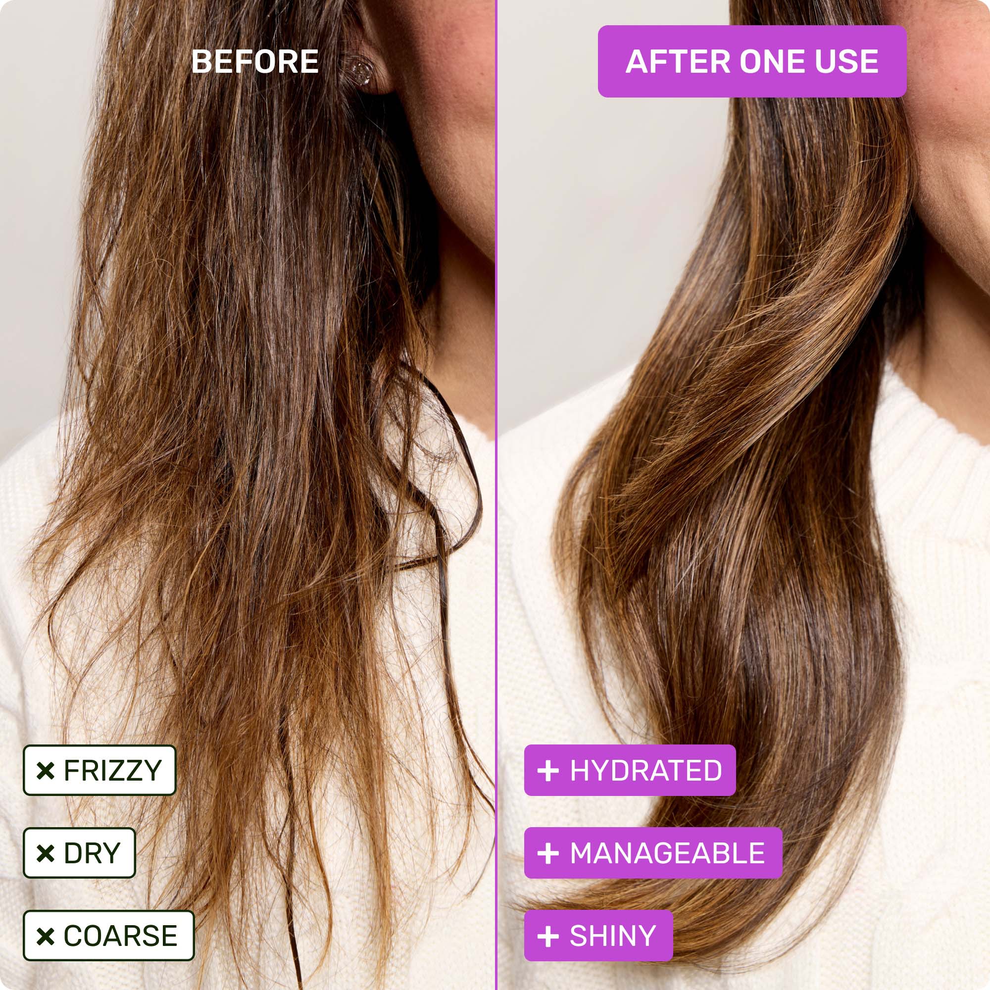 Before - frizzy, dry, coarse. After one use - hydrated, manageable, shiny.