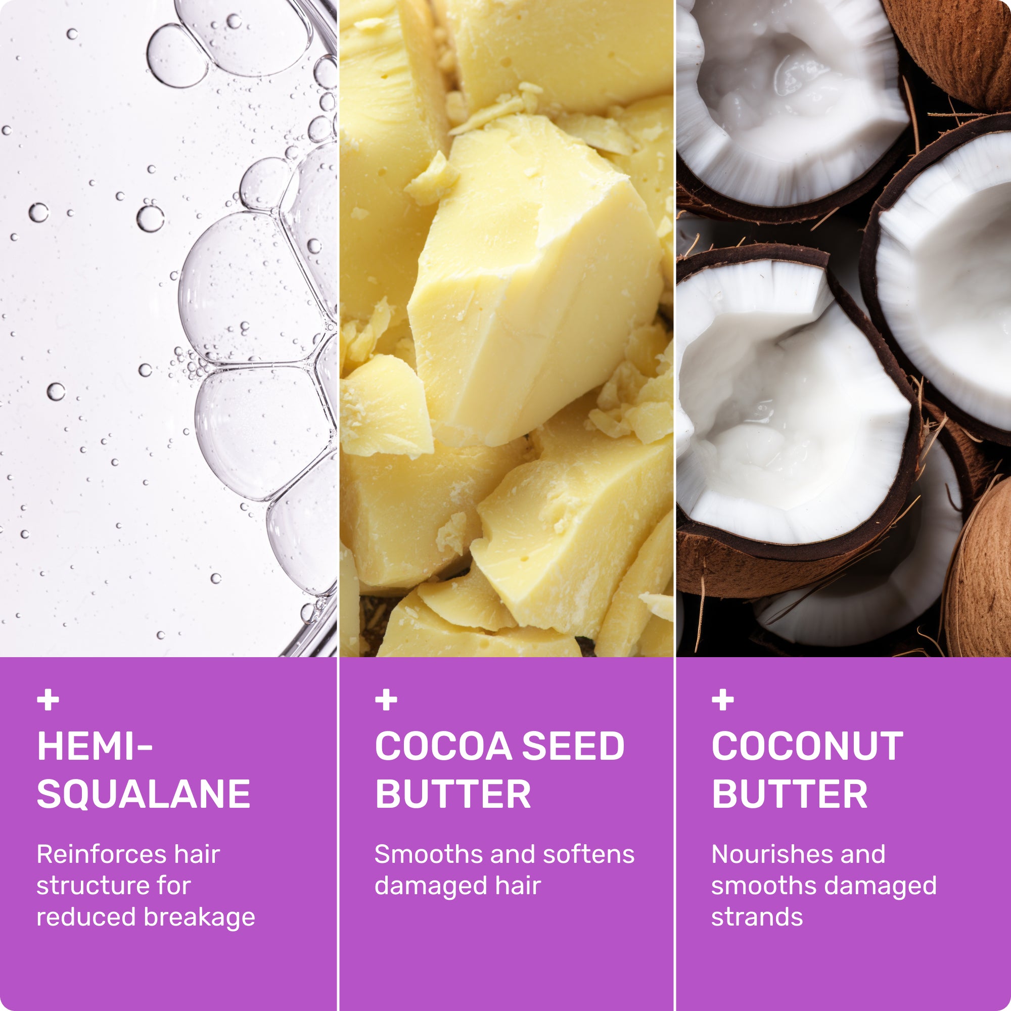 Hemi-squalane
Reinforces hair structure for reduced breakage
Cocoa seed butter
Smooths and softens damaged hair
Coconut butter
Nourishes and smooths damaged strands