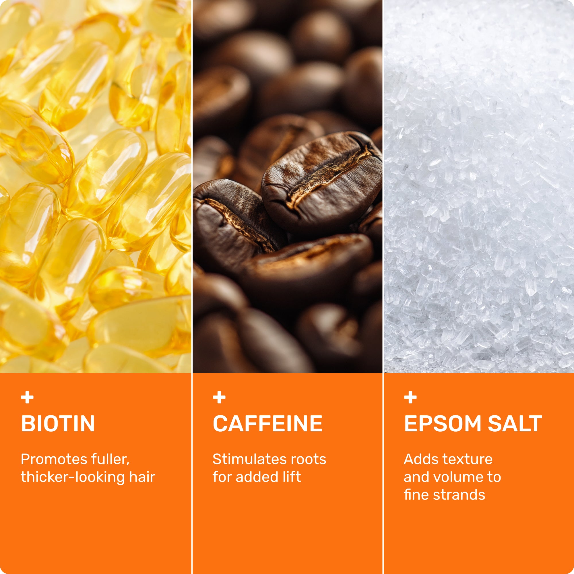 Biotin - promotes fuller ticker-looking hair
Caffeine - stimulates roots for added lift
Vitamin B5 - Adds texture and volume to fine strands