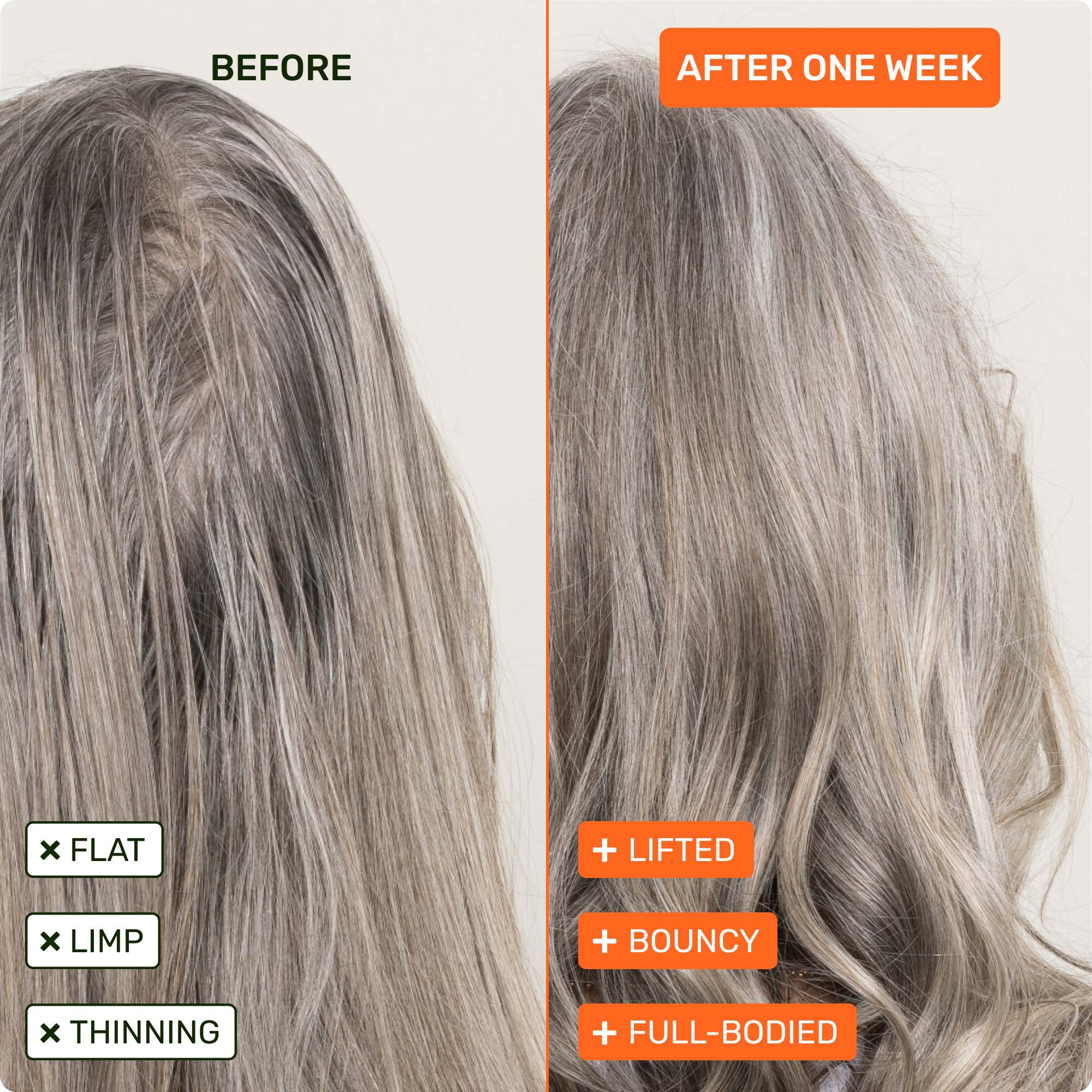 Before flat, limp, thinning. After one week lifted, bouncy, and full-bodied
