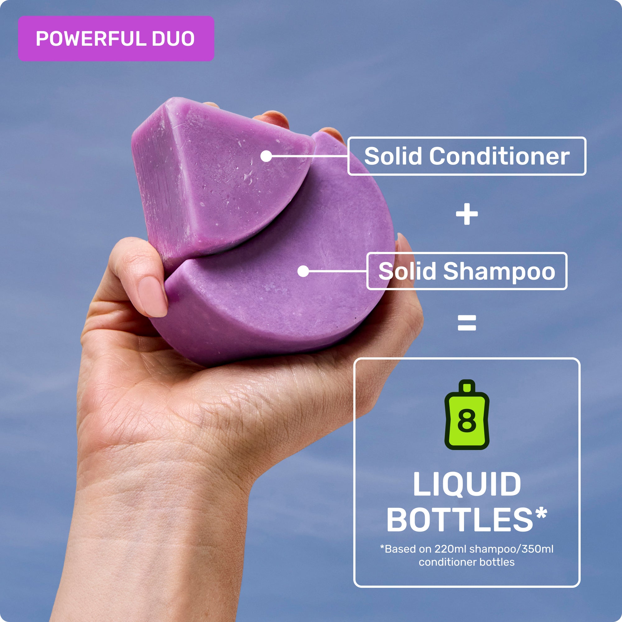 Powerful duo - solid shampoo and conditioner. 8 liquid bottles* *Based on 220ml shampoo/350ml conditioner bottles