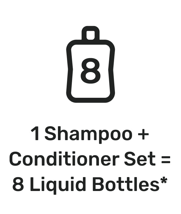 1 shampoo + conditioner set = 8 liquid bottles