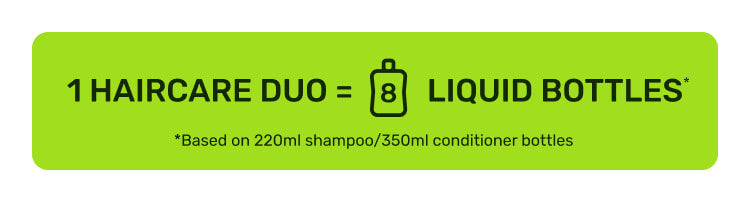 1 haircare duo equals 8 liquid bottles. Based on 220ml shampoo and 350ml conditioner bottles.