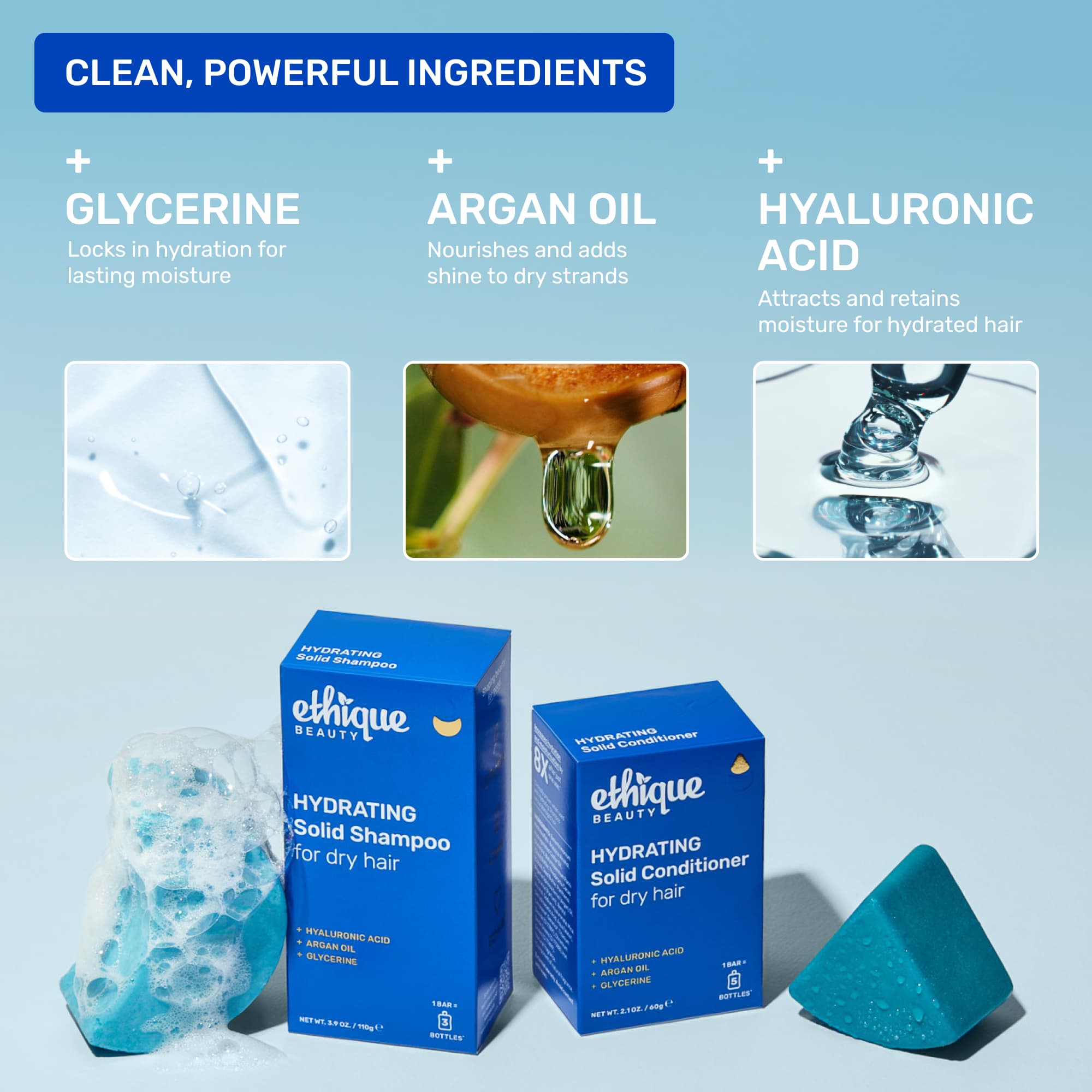 Clean, powerful ingredients: Glycerine - locks in hydration for lasting moisture. Argan Oil - nourishes and adds shine to dry strands. Hyaluronic Acid - attracts and retains moisture for hydrated hair. 