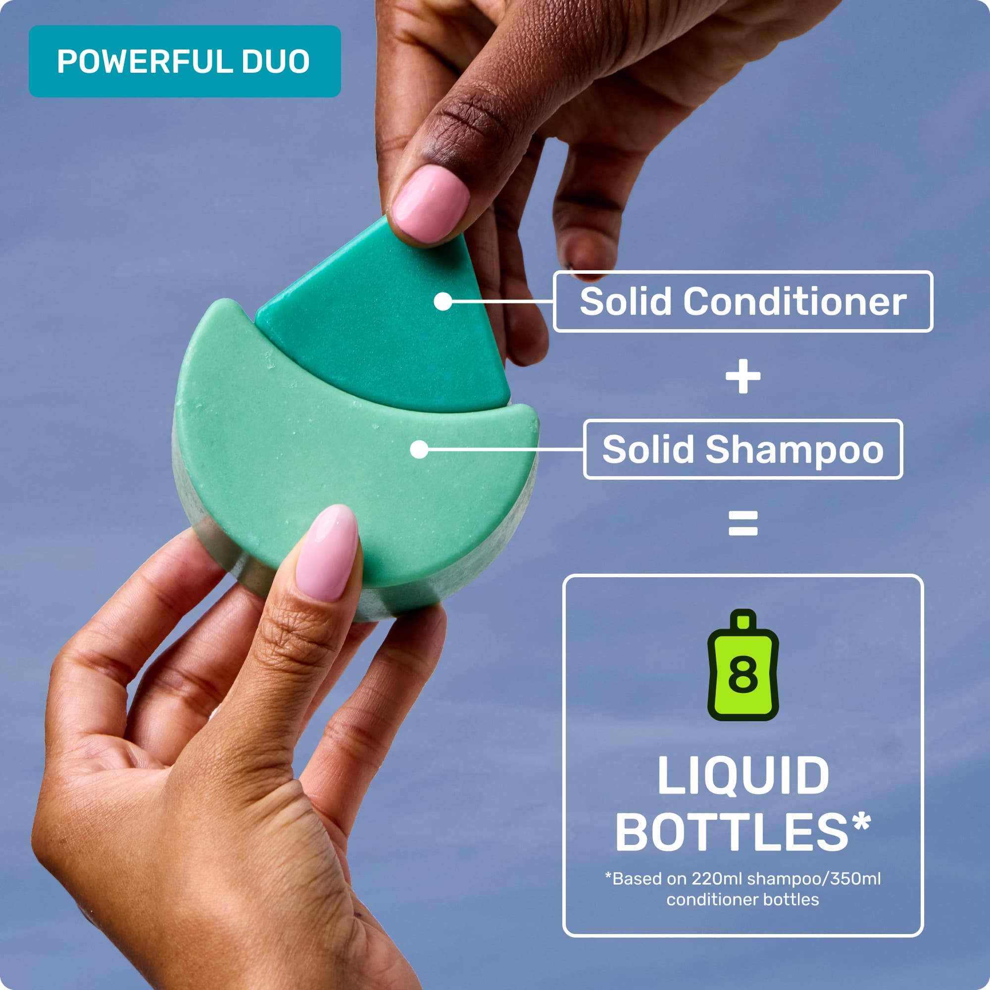Powerful duo - solid shampoo and conditioner. 8 liquid bottles* *Based on 220ml shampoo/350ml conditioner bottles
