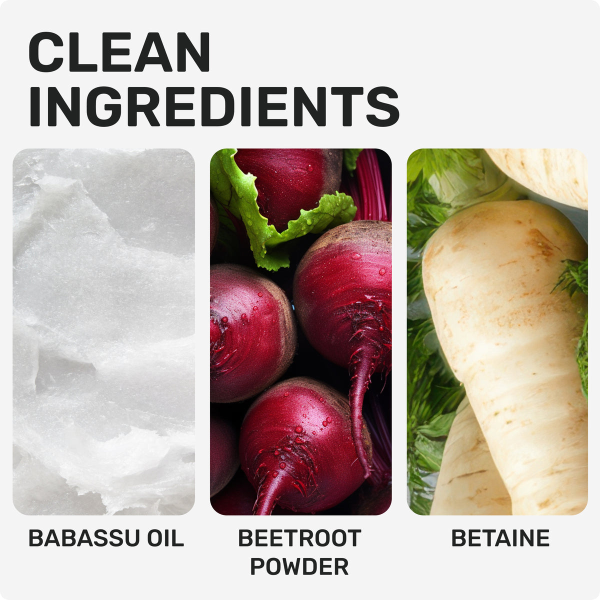 CLEAN INGREDIENTS
Babassu Oil
Beetroot Powder 
Betaine