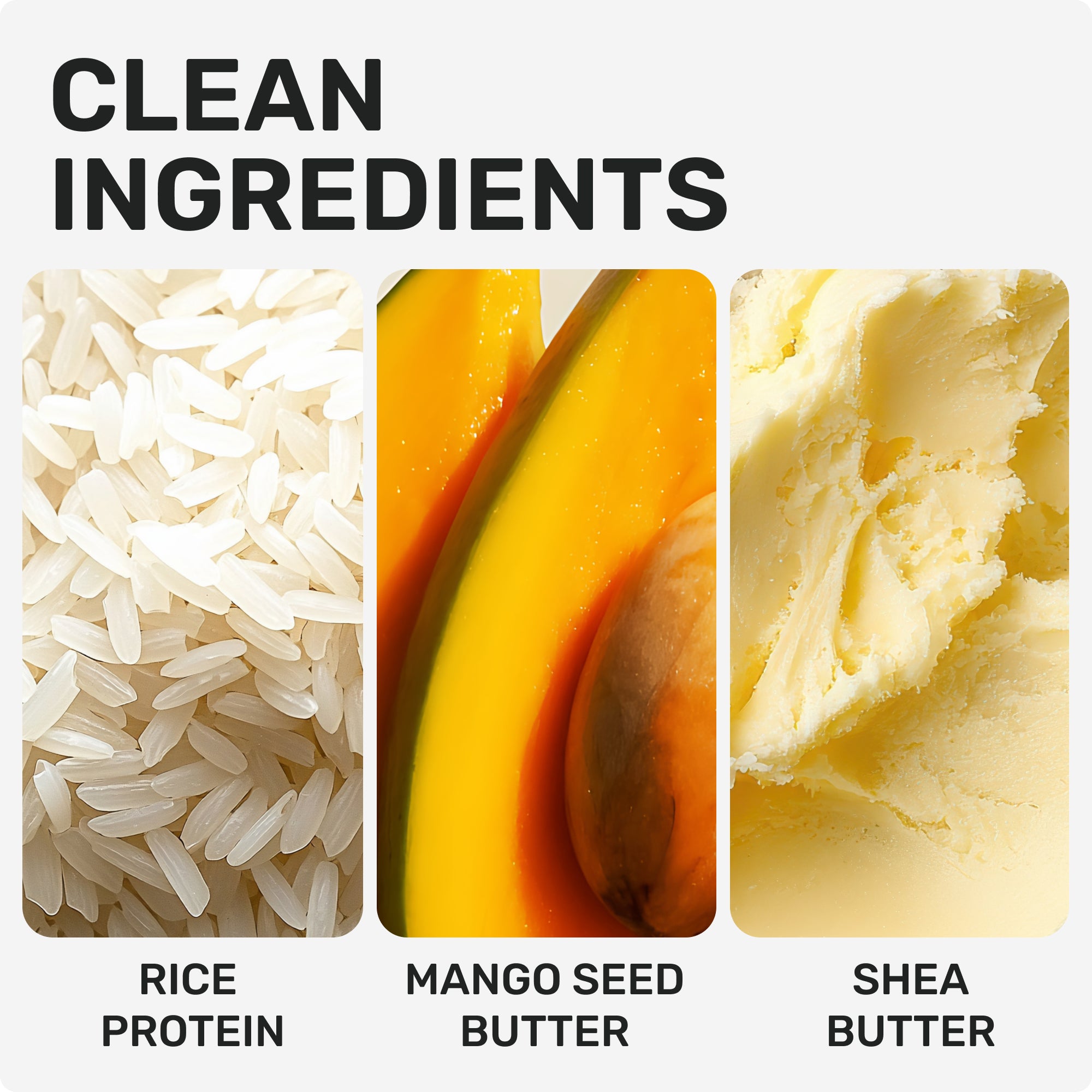 CLEAN INGREDIENTS
Rice Protein 
Mango Seed Butter
Shea Butter