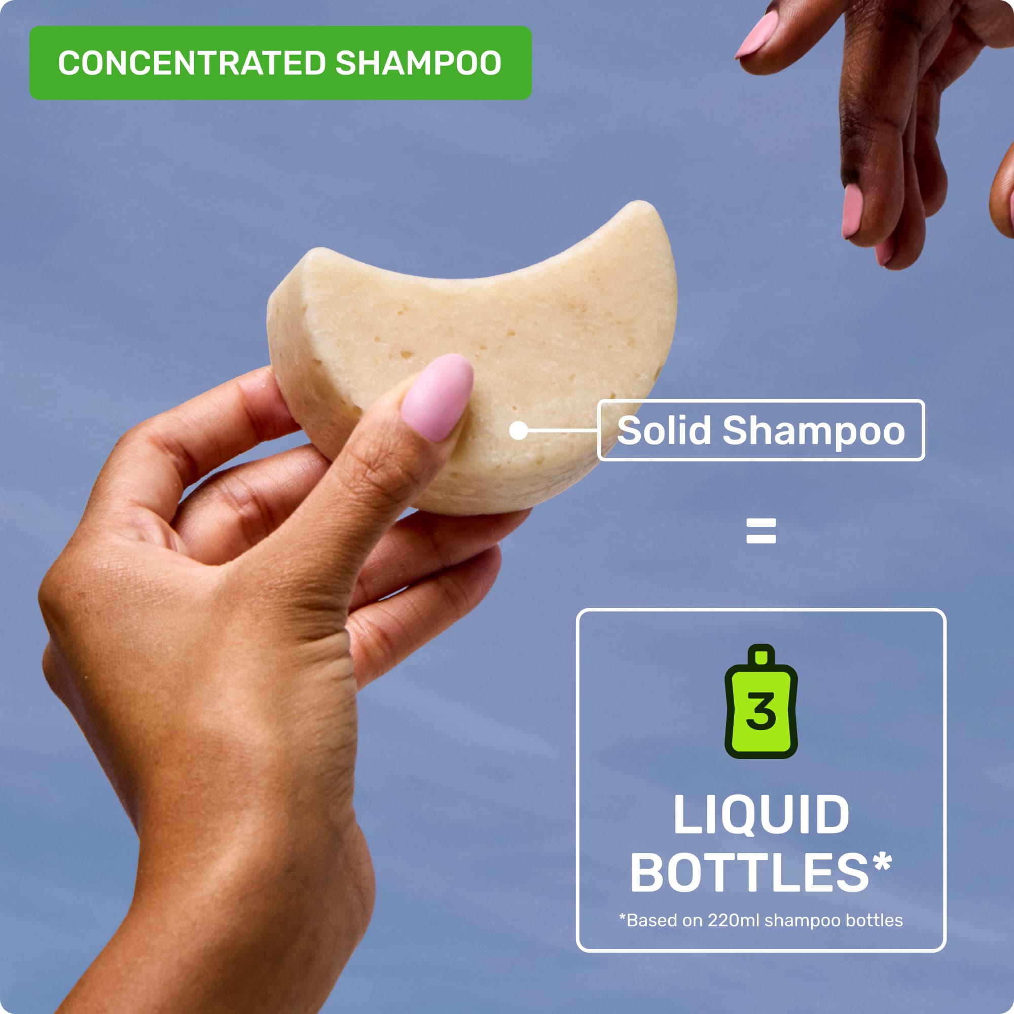 Concentrated Shampoo. Solid Shampoo - 3 liquid bottles* *Based on 220ml shampoo bottles
