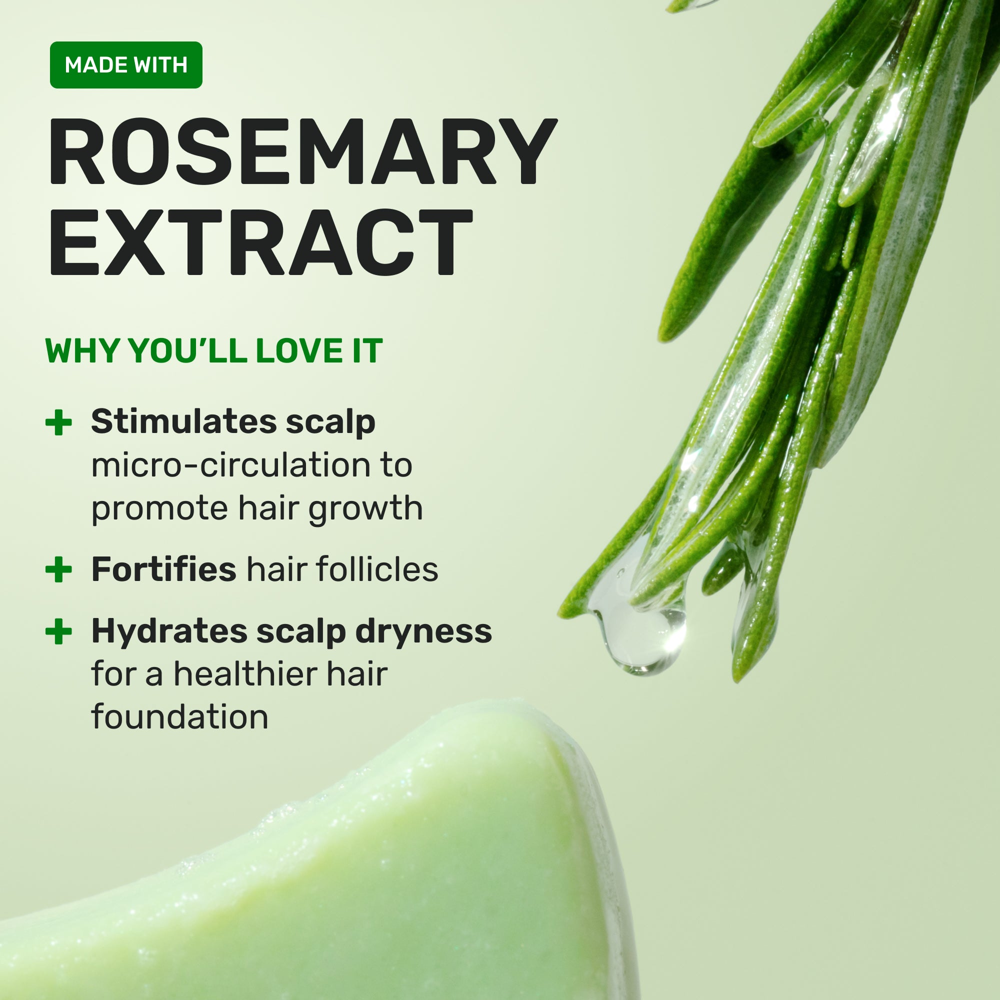 Made with Rosemary extract 

why you'll love it 

stimulates scalo 
micro-circulation to promote hair growth 

fortifies hair follicles 

Hydrates scalp dryness for a healthier hair foundation 
