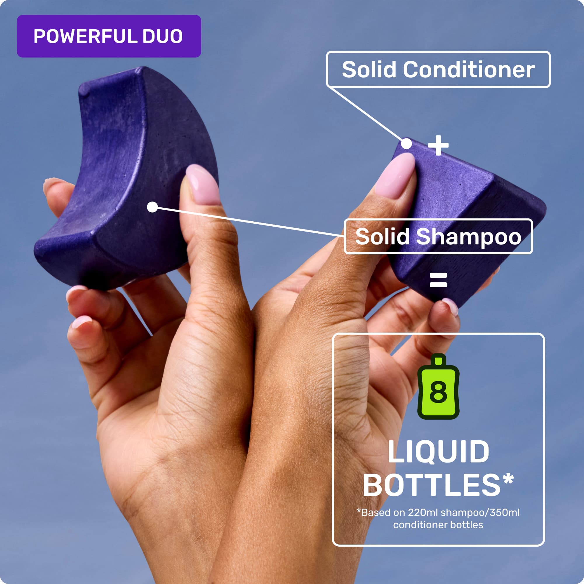 Powerful duo - solid shampoo and conditioner. 8 liquid bottles* *Based on 220ml shampoo/350ml conditioner bottles
