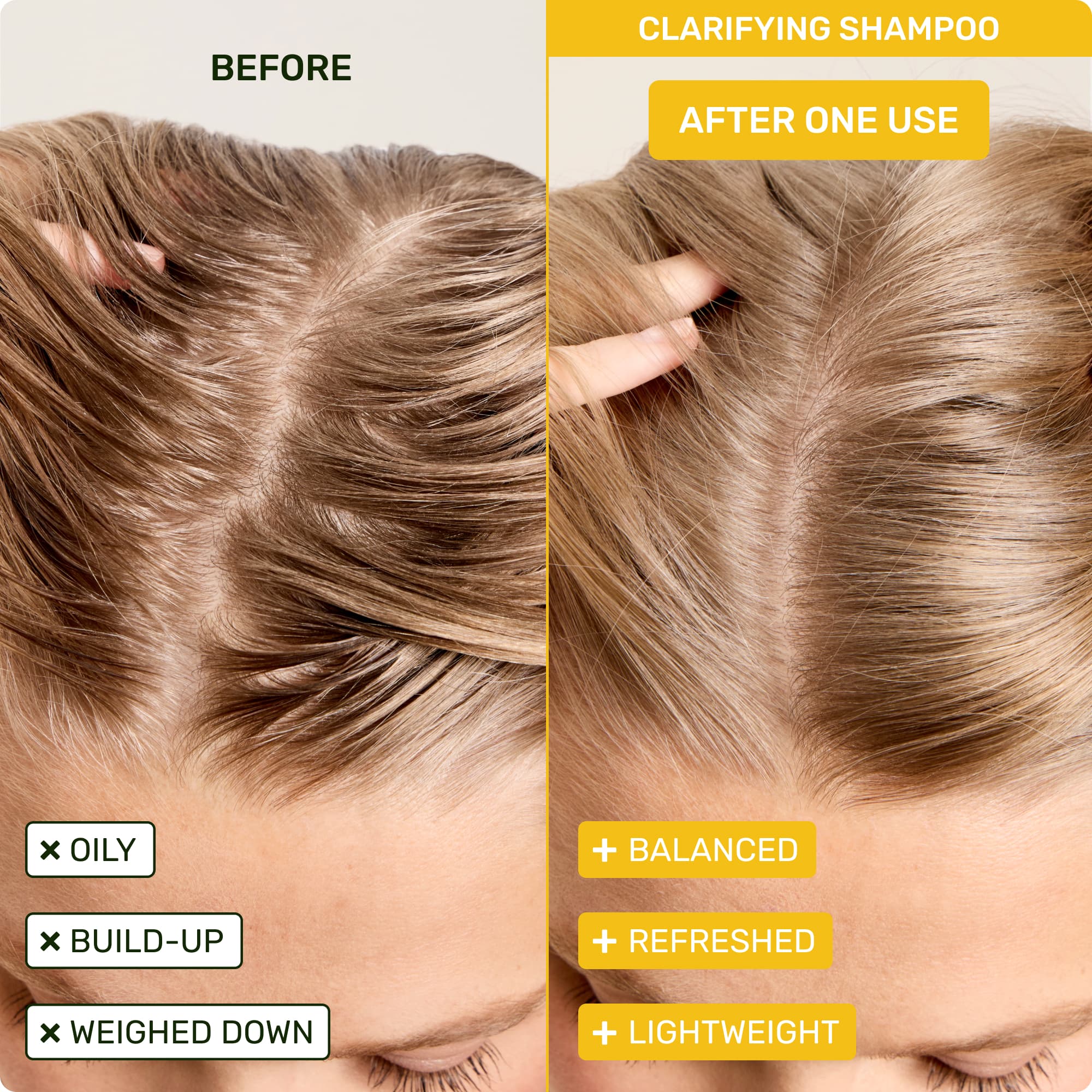 Clarifying Shampoo: Before - oily, build-up, weighed down. After one use - balanced, refreshed, lightweight.