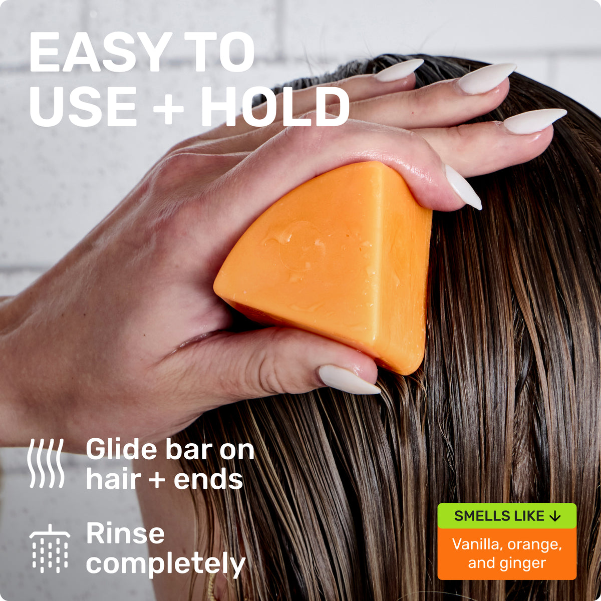 EASY TO USE + HOLD
Glide bar on hair  ends
Rinse completely 
SMELLS LIKE Vanilla, orange, and ginger