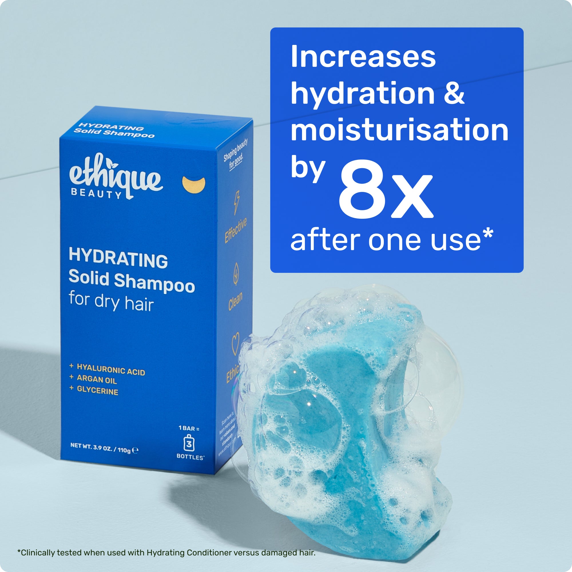 Increases hydration and moisturisation by 8x after one use* *Clinically tested when used with Hydrating Conditioner versus damaged hair.
