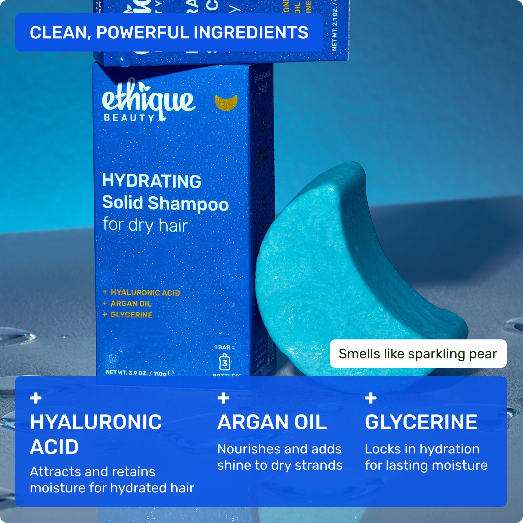 clean, powerful ingredients. hyaluronic acid intensely hydrates for healthier-looking hair. argan oil smooths and adds lustrous shine. glycerine seals in moisture for long lasting hydration. smells like sparkling pear. 
